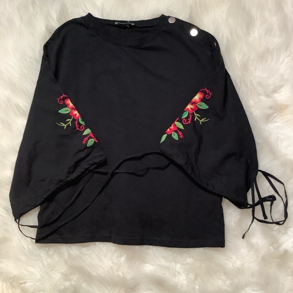 Zara Tops Zara Black Floral Embroidered Tie Sleeves 0 Cotton Medium